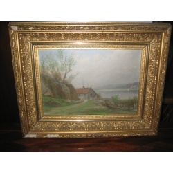 Картина старинная "Пейзаж с домом"